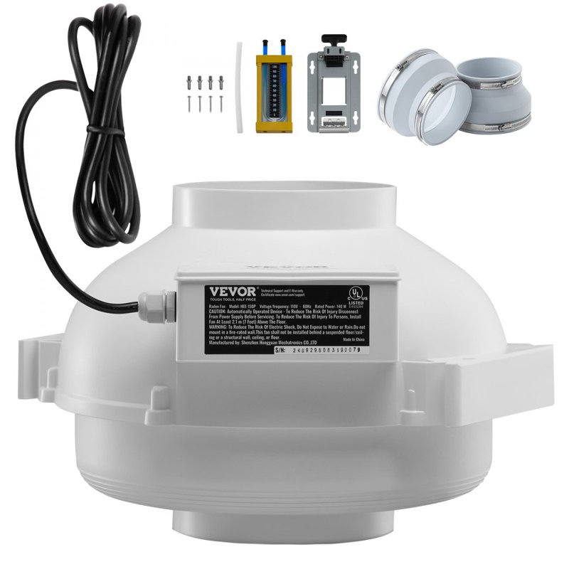 Système de ventilateur d'atténuation de radon de 6 à 4,5 po pour conduit silencieux intégré de 380 pi³ / min