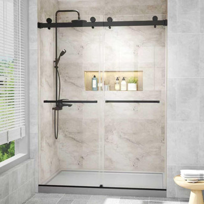 56–60" W x 76" H Frameless Double Sliding Shower Door with 3/8" Tempered Glass, Matte Black