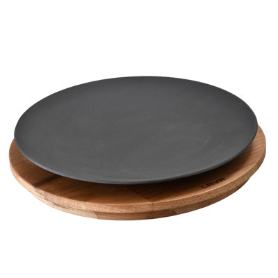 Plat de service rond en fonte émaillée 10 pouces avec plateau de service en bois de hêtre Lava
