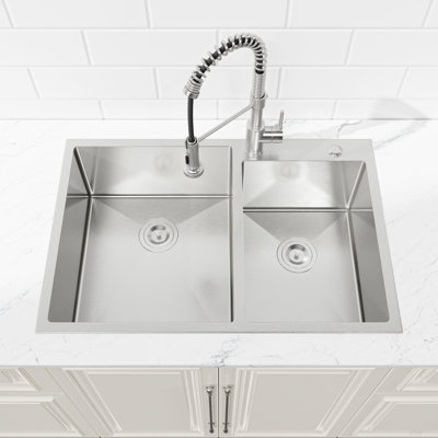 Évier de cuisine encastré 33 po x 19 po à double cuve, lavabo sur pied fait à la main brossé (évier seulement)