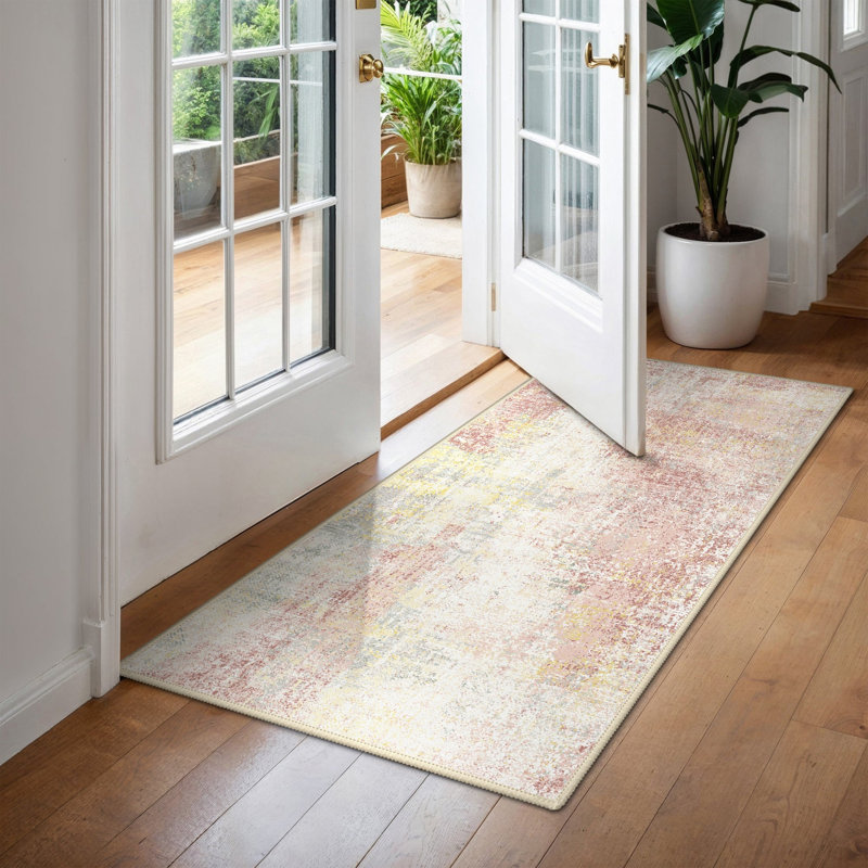 Abstract Washable Area Rug, Pink/Yellow/Beige, Rectangle 60 x 90 cm