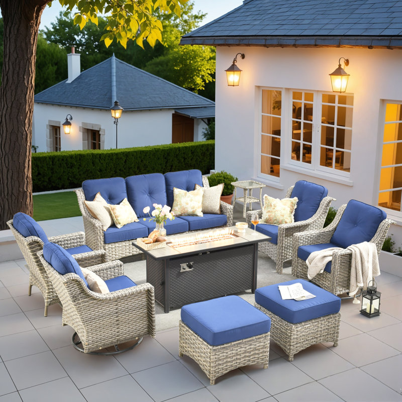 9 Pieces Patio Furniture Set With 53" Fire Pit Table, Outdoor Wicker Swivel Rocking Chairs With Comfy Cushions, All-weather High Back Sofa Couch Set For Backyard Or Lawn