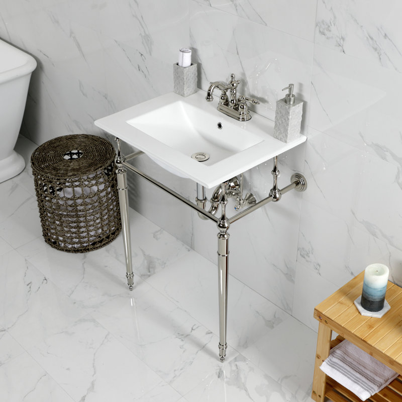 Lavabo de salle de bain console Edwardian, Nickel poli, Centres de 4 po