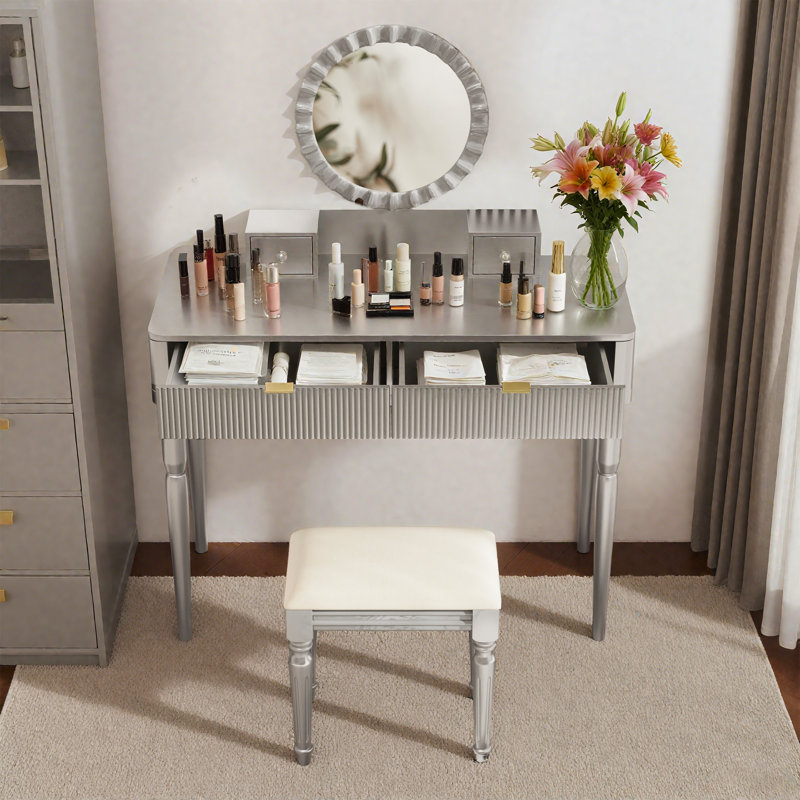 Luxury Makeup Vanity Desk with Sunflower-Shaped Mirror,Stylish Dressing Table Set with  4 Drawers and Stool, Silver