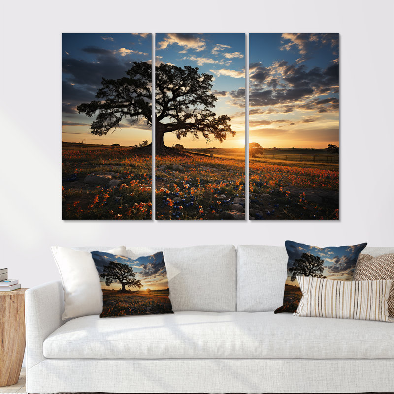 «Orange Bonnets Field With Sunset - Blue Bonnets», ensemble d'art sur toile, Toile tendue, H 32 po x l 48 po x P 1 po