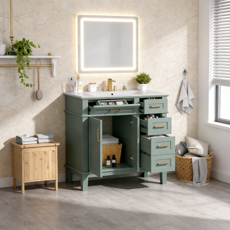 Meuble-lavabo moderne avec lavabo en céramique, Vert clair