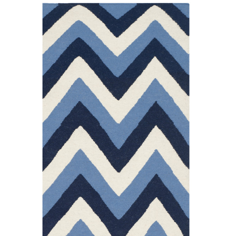 Rodgers Hand Woven Flat Weave Wool/Cotton Chevron Rug in Navy/Light Blue, Rectangle 8' x 10'