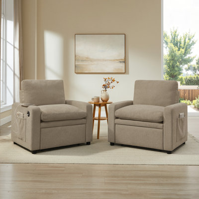 Fauteuil d'appoint 3-en-1 de 96,5 cm (37,99 po) transformable en méridienne ou en canapé-lit simple - Ports USB et Type-C et rangement pour petits espaces, ensemble de 2