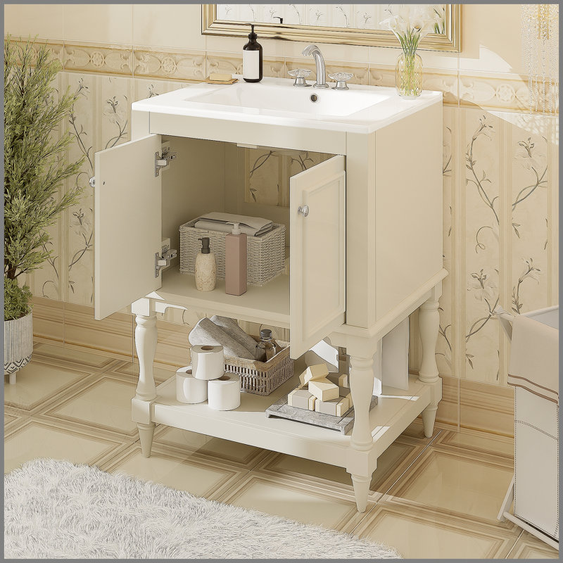 Meuble-lavabo de luxe moderne 24 po avec lavabo en céramique, armoire de salle de bain avec tablette ouverte et rangement fermé