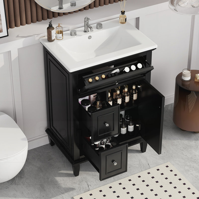 Meuble-lavabo de salle de bain avec lavabo, tiroir rabattable, deux tiroirs, tablette réglable, bois massif et panneau de fibres à densité moyenne pour un rangement efficace