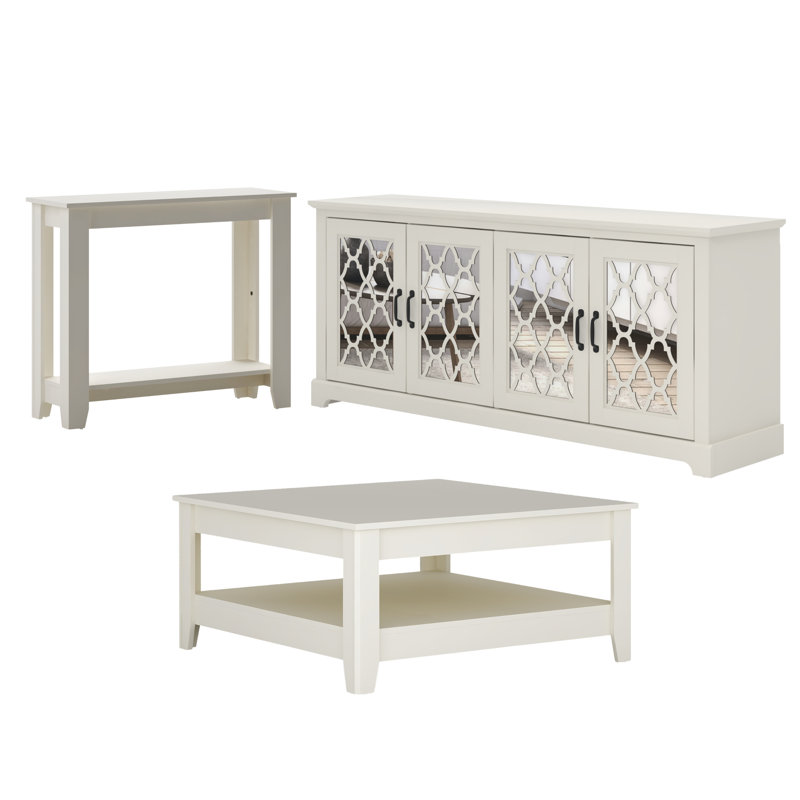 Wooler Transitional 3 Piece Living Room Table Set, Ivory