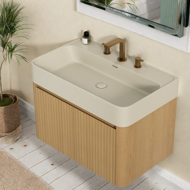 Meuble-lavabo flottant et lavabo flottant, rangement pour salle de bain grain de bois moderne de 36 pouces, 29.53