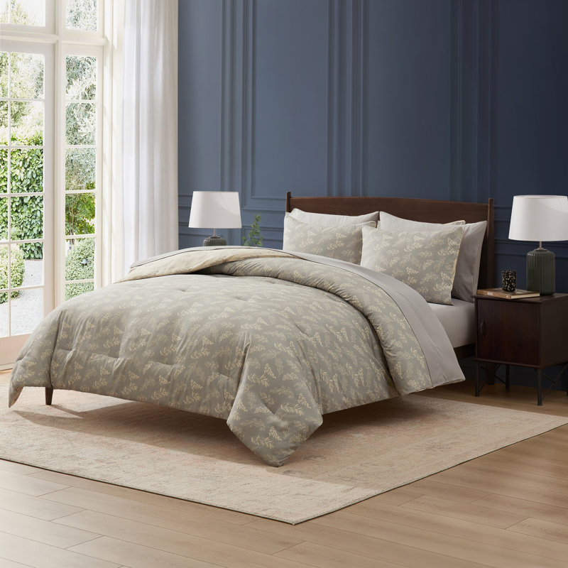 Nestl Botanical Bed in a Bag 7 piece Comforter Set with Sheets & Pillow Shams, Lunar Gray/Pale Champagne