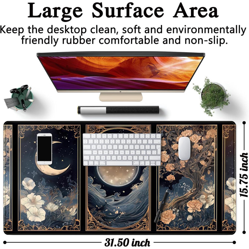 Tapis de bureau Céleste Lunaire Nature Tarot Carte Lune Florale Grand Tapis de Souris XXL 90 x 40 cm Tapis de bureau Botanique Nuit de Sorcière Tapis de souris Gaming Tapis de souris pour ordinateur portable Décoration de bureau Cadeau