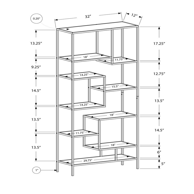 Bookshelf Bookcase Etagere 72"H Office Bedroom Metal Tempered Glass, Gray/Clear, Silver