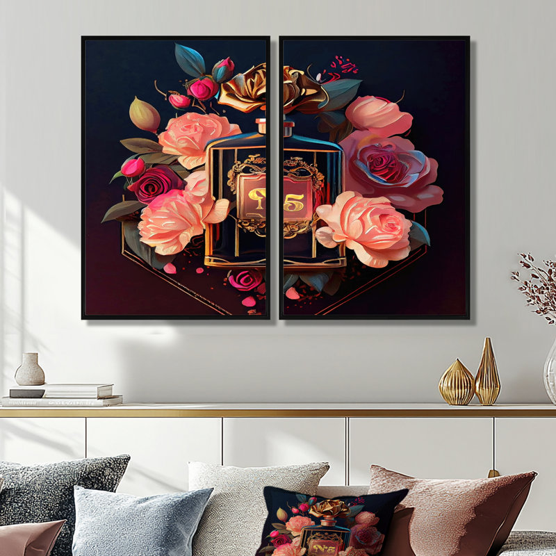Chic bouteille de parfum avec roses roses II - art mural sur toile rose 2 pièces, H 36 po x l 48 po, Noir