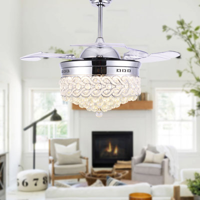 Maplewood 42" Crystal Ceiling Fan with 4-Blades, Quiet DC Motor w 6 Speed, Remote Control