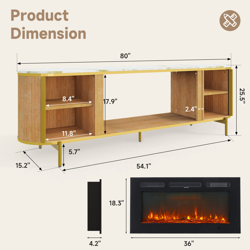 Luxury 70" Fluted Fireplace Tv Stand, Modern Chic Entertainment Center For Tvs Up To 80", Tv Console For Living Room, Media Cabinet With Storage,70 Inch
