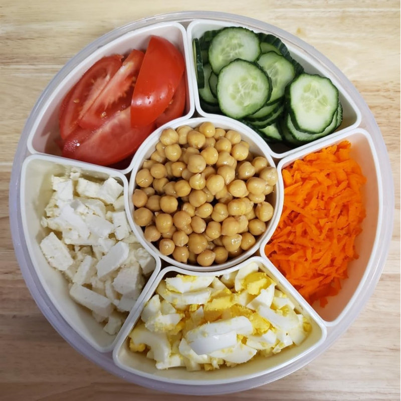 Contenant à collation divisé avec couvercle, boîte à collation ronde à 6 compartiments avec poignée, plateau de collation portable pour les fruits, apéritifs et collations de fête, sans BPA, va au micro-ondes et au lave-vaisselle