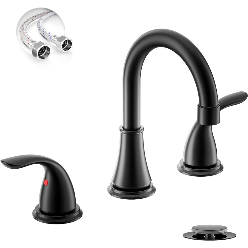 Matte Black 8 Inch 3 Hole Widespread Bathroom Faucet, 2 Handle Modern Vanity Faucet With Metal Pop Up Drain And Water Supply Lines