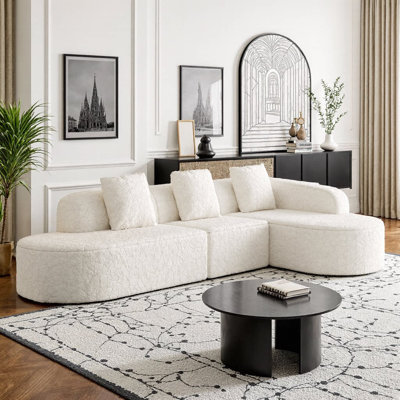 Canapé modulaire incurvé en forme de L de 111,8 po | Tissu en polyester à poils longs texturé litchi moderne | Dossier incurvé avec 3 coussins | Canapé modulaire sans assemblage pour salon ou appartement