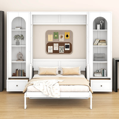 Grand lit plateforme escamotable avec tablette, armoires latérales, tiroirs de rangement et éclairage DEL