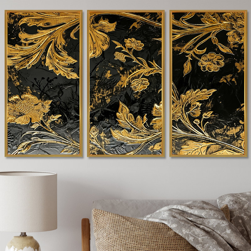 Ensemble de salon mural Bornival - Leaves, Cadre flottant doré, H 40 po x l 60 po x P 1 po