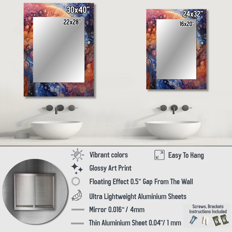 Jaune, orange, art galactique - miroir mural Comets Unique, miroir moderne, impression d'art en métal, 40 po x 30 po