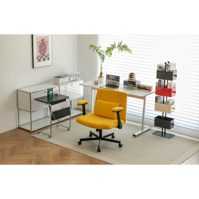 Chaise de bureau jaune avec accoudoirs croisés en lin jaune avec roulettes - ergonomique pour le bureau personnel, le travail et les études