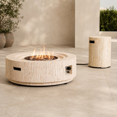Terrafab Composite Faux Travertine Round Fire Pit Coffee Table Set with Propane Tank Holder