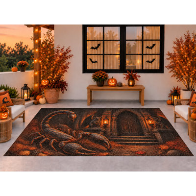 Tapis d'extérieur 152 x 213 cm, motif porte hantée scorpion pour l'Halloween, tapis bouclé en PVC imperméable, tapis résistant à séchage rapide pour porche, terrasse, balcon ou entrée.