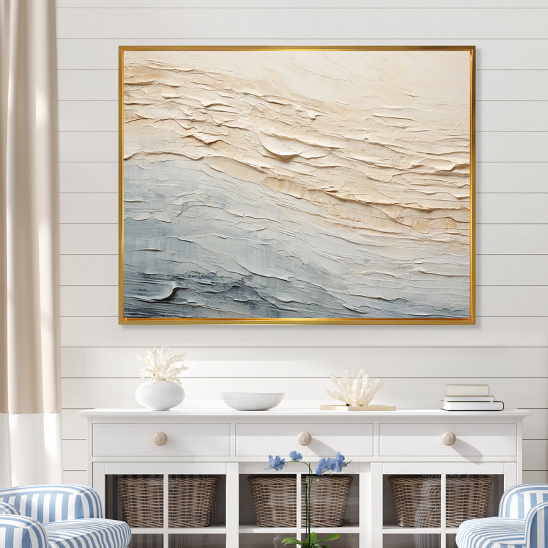 Décoration murale moderne bord de mer beige et gris I - Océan côtier, H 34 po x l 44 po x P 1,5 po, Cadre flottant doré