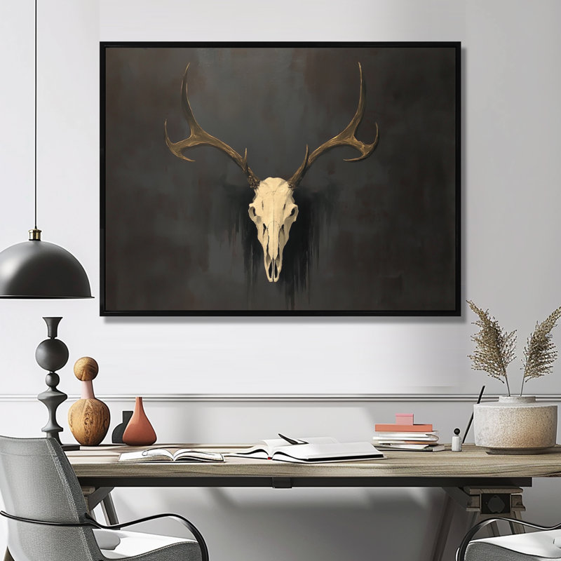 «White Antler Glow», art mural encadré de style gothique blanc, Noir, Cadre flottant, H 16 po x l 32 po