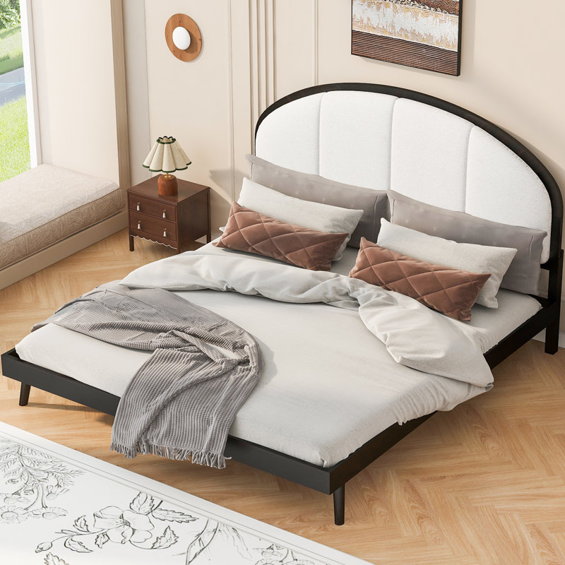 Base de lit tapissier grand format avec tête de lit en lin, bois massif, système de lattes en bois sans sommier, Queen