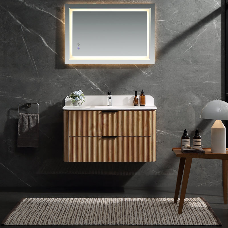 Meuble-lavabo mural flottant moderne en chêne massif 36 po entièrement assemblé