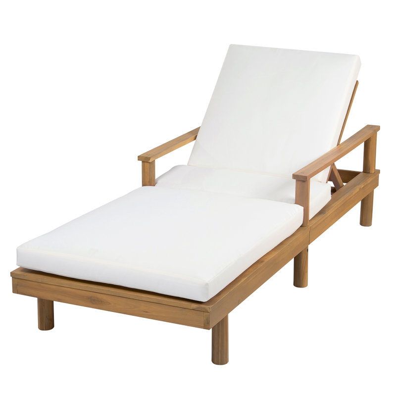 Chaise longue d'extérieur réglable à 5 positions avec structure en bois massif, coussins épais et accoudoirs Jovi, Teck clair