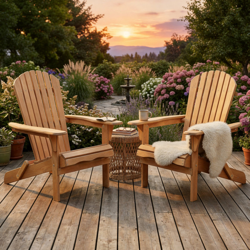 Light Brown Outdoor Wooden Folding Adirondack Chair Set (2 Pieces), Semi-Assembled Design, Suitable For Gardens, Lawns, Terraces, Pools, Campfire Pits, And Other Occasions.