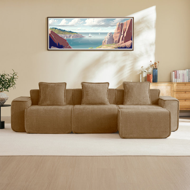 Modular 3 Seat L Shape Sectional Boneless Sofa Streamlined Design  With French Edge Piping, No Assembly Required, 3-Seat Sofa Couch With Throw Pillows And 1 Movable Ottoman, Velvet Fabric
