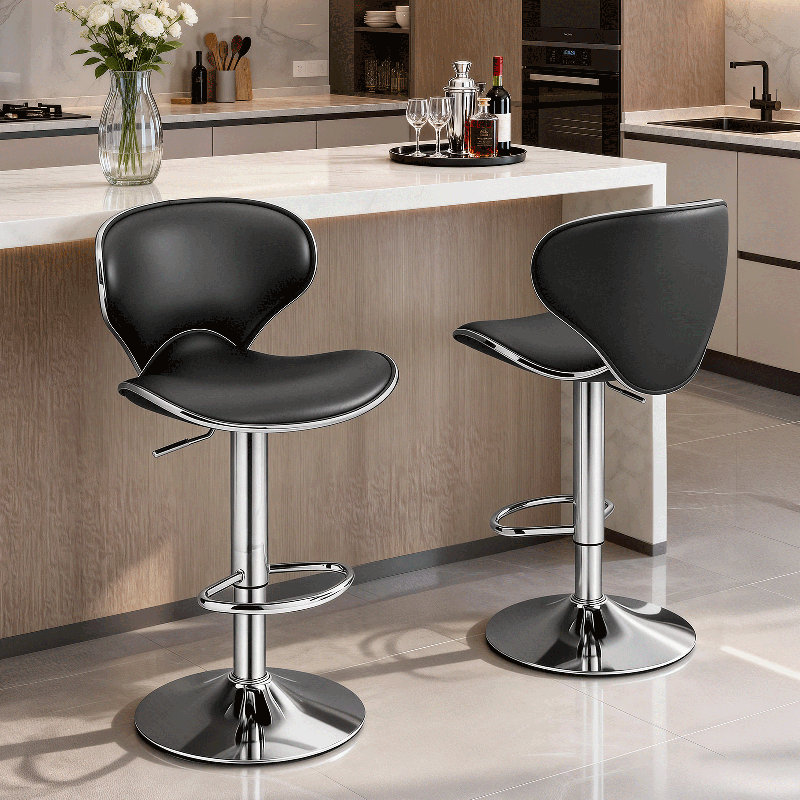 Adjustable 360° Swivel Bar Stools, Counter Height Chairs With Footrests And Backrests, Chrome, Black