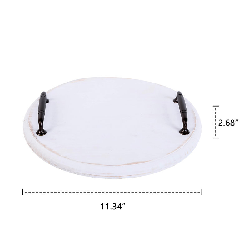 Round Distressed White Wood Lazy Susan Turntable Organizer Serving Tray With Metal Handles