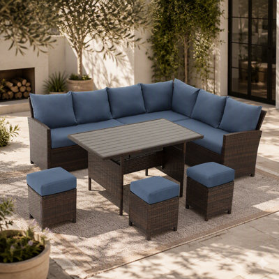 Canapé modulaire d'extérieur en osier 7 pièces 7 pièces avec coussins bleus avec repose-pieds et table de salle à manger