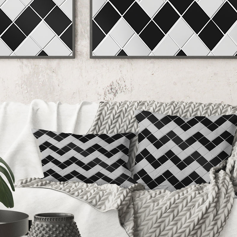 Coussin décoratif transitionnel à chevrons noir et gris IV, H 16 po x l 16 po
