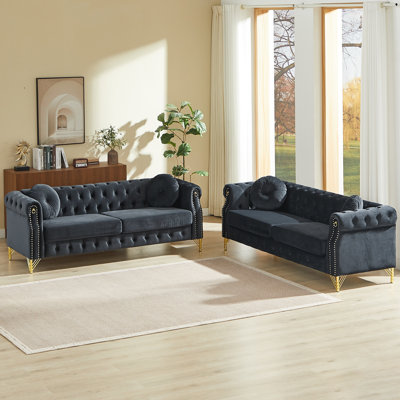 Causeuse Chesterfield 60,5 po en velours avec boutons capitonnés