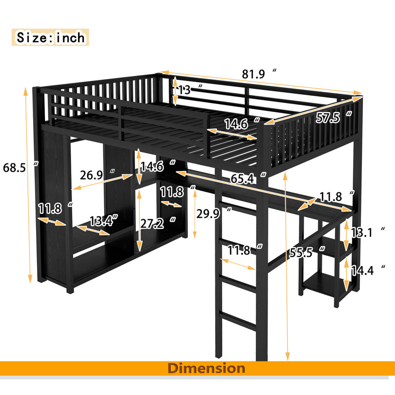 Structure de lit mezzanine avec garde-robe intégrée, lit mezzanine en métal avec bureau et tablettes de rangement, Double XL