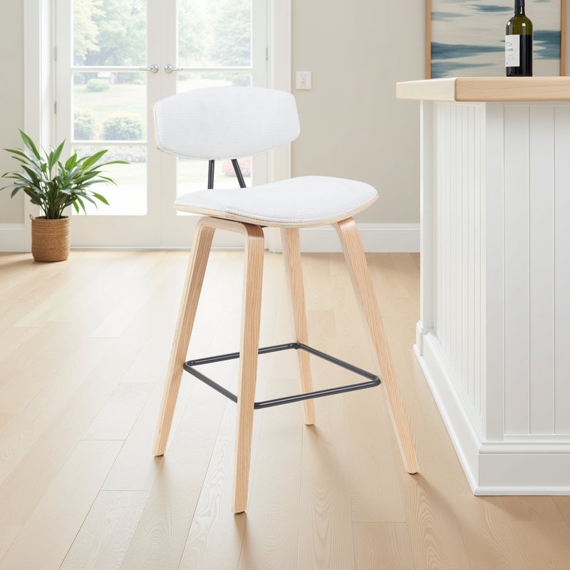 Tabouret de bar ou de comptoir moderne Bilgin Payton avec assise rembourrée et structure en bois, Chêne, Blanc