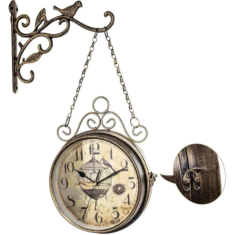 Rétro horloge murale rouille 20ème siècle 8 "sans tic-tac grandes horloges suspendues en fer antique double face rétro deux faces innovante classique, silencieuse horloge ronde pour bureau chambre salon