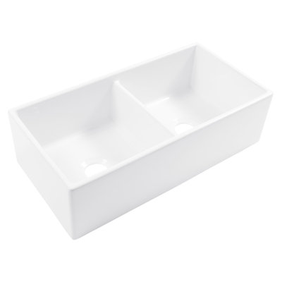 Austen Crisp White Fireclay Double Bowl Farmhouse Apron Front Undermount Kitchen Sink and Drain -  Sinkology, SK497-36FC-SS