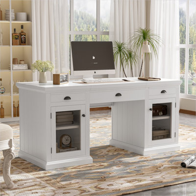 67 Executive Desk with Storage Cabinet and Drawers, Modern Solid Wood and MDF, White-Toned
