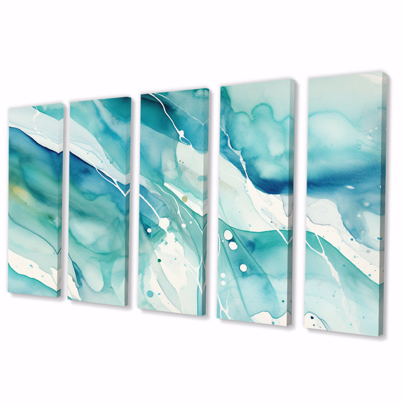 «Turquoise Waves Impressions of Infinity II», reproduction d'art abstraite - 5 panneaux égaux