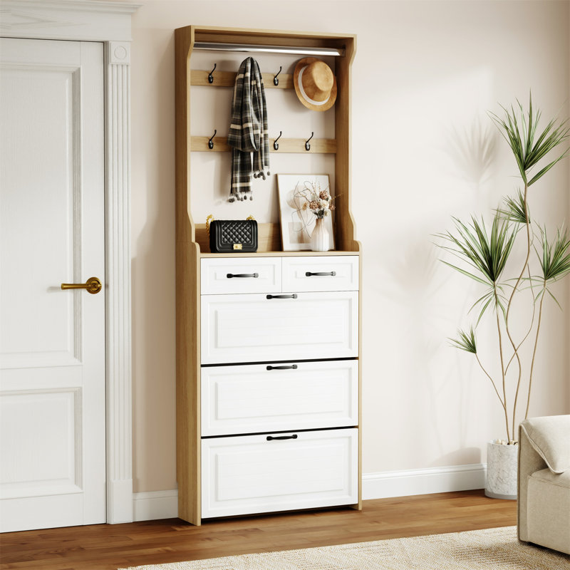 NOUVEAU Range-chaussures avec 3 portes et 2 tiroirs avec support, Bois / blanc